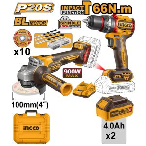 INGCO 20V IMPACT DRILL & GRINDER COMBO KIT 2X4.0AH+CASE CKLI2027310