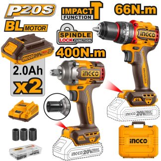 INGCO 20V IMPACT WRENCH 400NM+IMPACT DRILL COMBO 2X2.0AH,CHARGER CKLI20275
