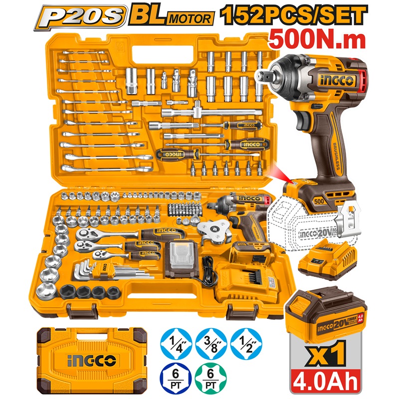 INGCO 20V IMPACT WRENCH 500NM+152PCS TOOL KIT SET HKTHP31521