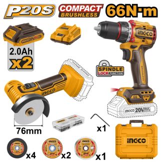 INGCO 20V DRILL+ MINI CUT-OFF TOOL 2X2.0, CHARGER+CASE CKLI20766