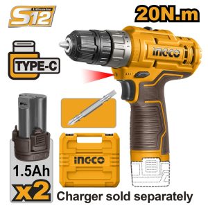 INGCO 12V LI-ION DRILL 20NM W/ 2X12V 1.5AH (NO USB CHARGER)+CASE CDLI12202