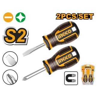 INGCO 2PCS STUBBY MAGNETIC TIP SCREWDRIVER SET (-) & (+) 38MM HKSDS2228