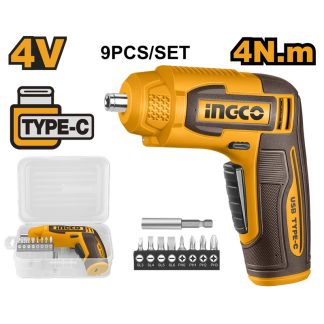 INGCO 4V LI-ION CORDLESS SCREWDRIVER WITH 9 BITS SET (NO USB CHARGER) CSDLI0458