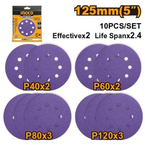 INGCO 10PCS 5" PURPLE ORITAL SANDING DISC 2XP40&P60,3XP80&P120 AKRS125101