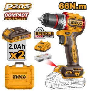 INGCO 20V COMPACT BRUSHLESS DRILL 66NM 2X2.0AH & CHARGER CDLI20668