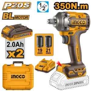 INGCO 20V BL 1/2" IMPACT WRENCH 350NM,2X 2.0AH,+CHARGER &CASE CIWLI2035