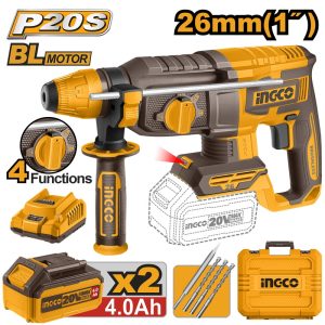 INGCO 20V LI-ION BL ROTARY HAMMER 2X4.0AH CHARGER W/4 BITS+CASE CRHLI202682