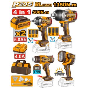 INGCO 20V 4PCS 1/2"3/4" IMPACT WRENCH, HEATGUN+WORK LAMP COMBO COSLI241293