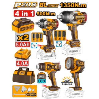 INGCO 20V 4PCS 1/2"3/4" IMPACT WRENCH, HEATGUN+WORK LAMP COMBO COSLI241293