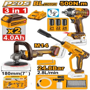 INGCO 20V POLISHER,IMPACT WRENCH+PRESSURE WASHER COMBO 2X4.0AH COSLI250184