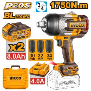INGCO 20V BL 3/4" DR. IMPACT WRENCH MAX 1750NM 2X8.0AH+CHRG+CASE CIWLI20175
