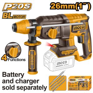 INGCO 20V LI-ION BL ROTARY HAMMER 26MMØ W4 BITS CRHLI20268 (BARE UNIT)