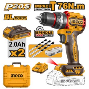 INGCO 20V LI-ION BL IMPACT DRILL 76NM W/2X 2.0AH CHARGER + CASE CIDLI20768