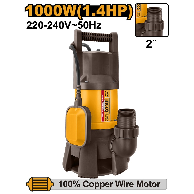 INGCO 2" SEWAGE SUBMERISIBLE PUMP W/FLOAT 1000W MAX 9MH, 333L/MIN SPD10001