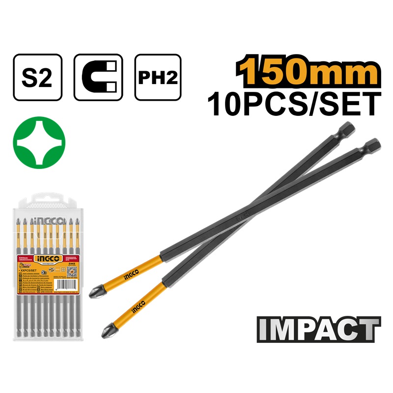 INGCO 10PCS SINGLE END IMPACT SCREWDRIVER BIT, (+)2X150MM SDBIM11PH263