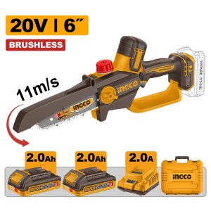 INGCO 20V BRUSHLESS MINI CHAIN SAW 6" 150MM 2X2.0AH CHARGER CGSLI20662