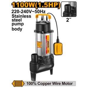 INGCO 2" SEWAGE SUBMERSIBLE PUMP W/FLOAT 1.5HP MAX 15MH, 22M3/HR SPD110068