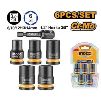 INGCO 6PCS 3/8" IMPACT SOCKETS+1/4" HEXA-3/8" IMP. ADAPTOR SET HKISSD38061