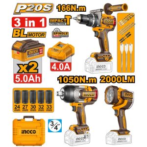 INGCO 3PC 1050NM IMPACT WRENCH+166NM IMPACT DRILL+2000LUM LAMP COSLI250882