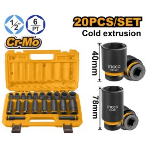 INGCO 20PCS 1/2"DR CR-MO STD & DEEP IMPACT SOCKET SET 10-24MM HKISSD12203L