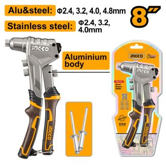 INGCO ALUM BODY HD HAND RIVETER 2.4- 4.8MM, SS RIVET UP TO 4.0MM HR081