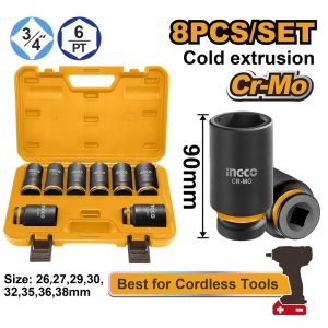 INGCO 8PCS 3/4" DR. CR-MO DEEP IMPACT SOCKET SET 26-38MM HKISSD34082L