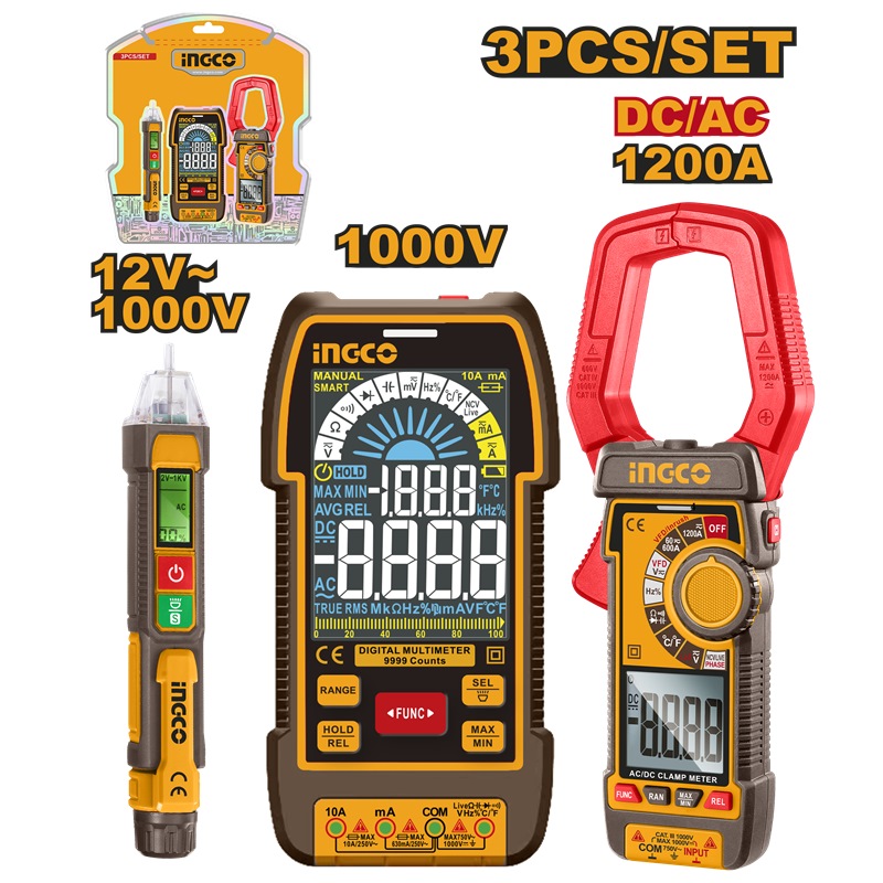 INGCO 3PC AC/DC CLAMP METER, DIGI MULTIMETER,VOLTAGE DETECTOR SET COS24069