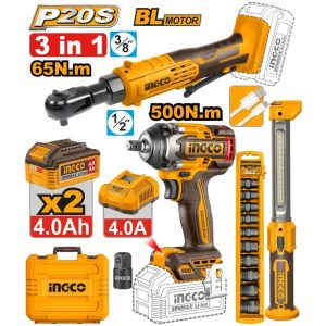 INGCO 3PCS 500NM IMPACT WRENCH+65NM RATCHET WR+300LM LAMP COMBO COSLI250981