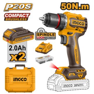 INGCO 20V LI-ION BL DRILL DRIVER 50NM 2X2.0AH+CASE CDLI205062