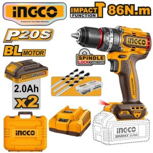 INGCO 20V LI-ION BL IMPACT DRILL 86NM W/2X2.0 CHARGER+CASE CIDLI208687