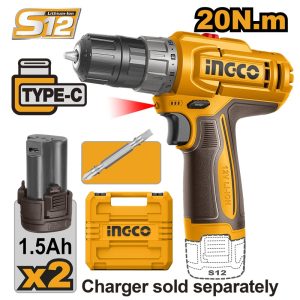 INGCO 12V LI-ION DRILL 20NM 2X1.5AH TYPE C BATT + CASE CDLI12206