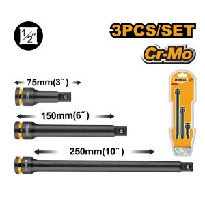 INGCO 3PCS CR-MO IMPACT EXTENSION BAR SET 1/2"X 3", 6" & 10" HKISEB12031
