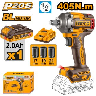 INGCO 20V BL 1/2" IMPACT WRENCH 405NM 1X2.0AH+CHARGER CIWLI20455