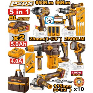 INGCO 5PCS 850NM IW+96NM ID+4-1/2" GRINDER+LAMP+ROTARY HAMMER COSLI251193