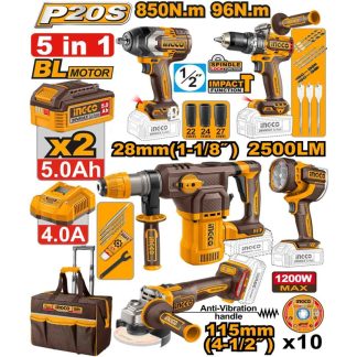 INGCO 5PCS 850NM IW+96NM ID+4-1/2" GRINDER+LAMP+ROTARY HAMMER COSLI251193