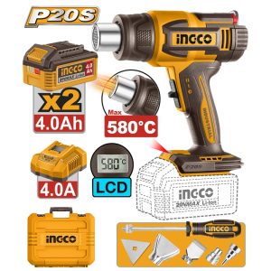 INGCO 20V LI-ION HEAT GUN 300/580°C 2X4.0AH+CHGR+TOOLS+CASE LCD HGLI20582