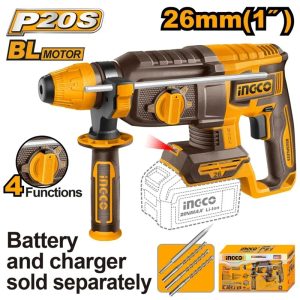 INGCO 20V BL 4-MODE ROTARY HAMMER 26MMØ+4 BITS CRHLI26208 (BARE UNIT)