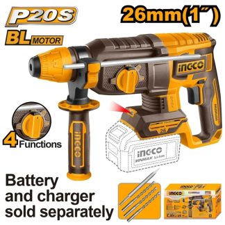 INGCO 20V BL 4-MODE ROTARY HAMMER 26MMØ+4 BITS CRHLI26208 (BARE UNIT)