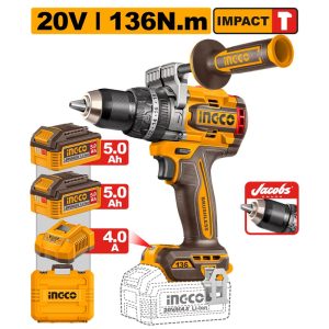 INGCO 20V 136NM BL HIGH TORQUE IMPACT DRILL 2X5.0 + BITS & CASE CIDLI201368