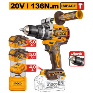 INGCO 20V 136NM BL HIGH TORQUE IMPACT DRILL 2X5.0 + BITS & CASE CIDLI201368