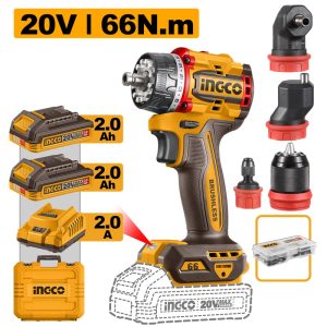 INGCO 20V 66NM MULTI HEAD DRILL DRIVER 2X2.0+CHARGER+CASE CDLI206686