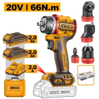 INGCO 20V 66NM MULTI HEAD DRILL DRIVER 2X2.0+CHARGER+CASE CDLI206686