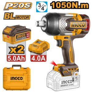 INGCO 20V BL 3/4" IMPACT WRENCH + AI MODE MAX 1050NM 2X5.0+CHRG CIWLI201056