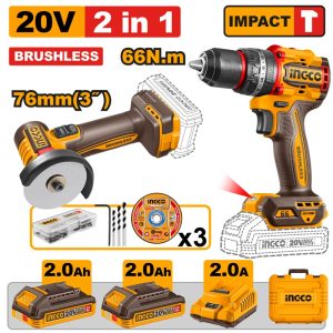 INGCO 20V 66NM IMPACT DRILL+76MM MINI CUT-OFF TOOL 2X2.0+CHARGER CKLI20255
