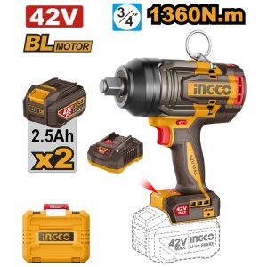 INGCO 42V BL 3/4" 1360NM IMPACT WRENCH 2X2.5AH+CASE CIWLI421362