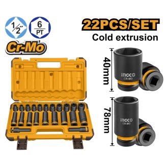 INGCO 22PCS 1/2"DR CR-MO STD & DEEP IMPACT SOCKET SET 10-24MM HKISSD12221L