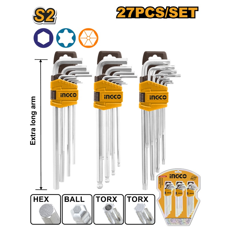INGCO 27PCS EXTRA LONG HEX KEY+BALL END KEY+TORX KEY SET HHKSET0271