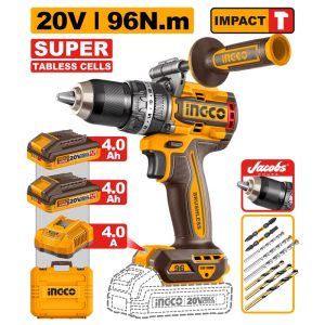 INGCO 20V BL 96NM IMPACT DRILL JACOB CHUCK 2X4.0AH TABLESS+CASE CIDLI209689