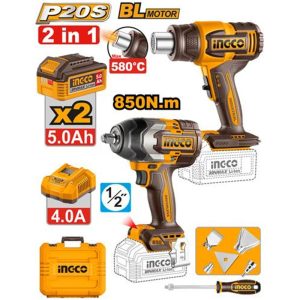 INGCO 2PCS 20V 850NM IMACT WRENCH + 580°C HEAT GUN COMBO 2X5.0 COSLI260381