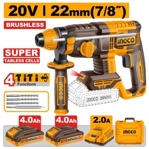 INGCO 20V LI-ION BL 4-MODE ROTARY HAMMER 22MMØ 2X4.0AH "TABLESS"CRHLI222085